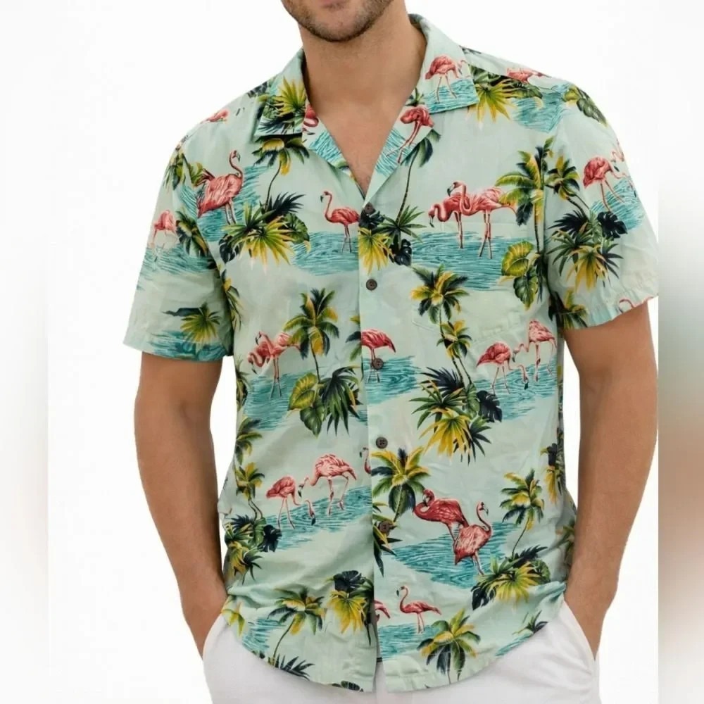 Pacific Legend Men's Flamingo Tropical Hawaiian Button Shirt Aloha USA Made Sz L